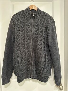 IKE BEHAR Dark Gray Cable Knit Full Zip Sherpa Lined Sweater Jacket Size Large